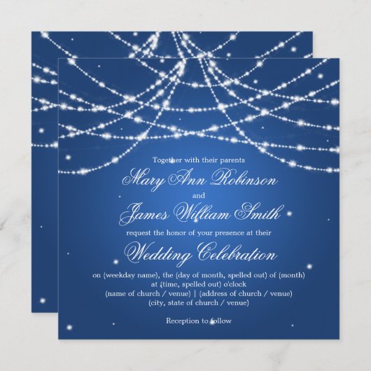 Elegante Trouw Sparkling String Blauw Kaart (Voorkant / Achterkant)