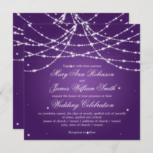 Elegante Trouw Sparkling String Paars Kaart (Voorkant / Achterkant)