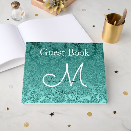 Elegante Trouw Teal Groen Witte Monogram Gastenboek (Voorkant open)