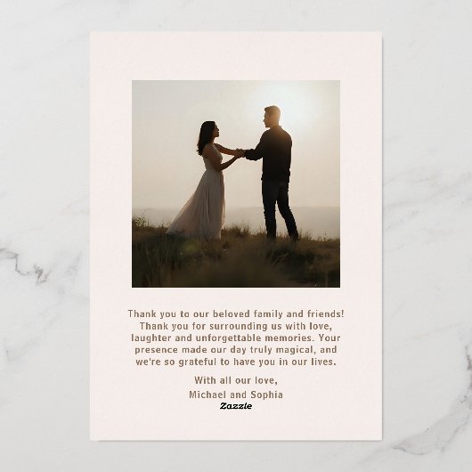 Elegante Trouw Trouwkaart 2 Foto's Rose Goud Folie Feestdagenkaart (Achterkant)