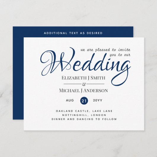 Elegante Trouw Uitnodiging Eenvoudig Navyblauw Wit (Voorkant / Achterkant)