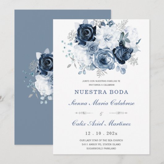 Elegante Trouw Uitnodiging Met Blauwe Rozen (Voorkant / Achterkant)