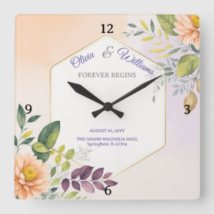 Elegante Trouw Uitnodiging Template met Bloemen Vierkante Klok