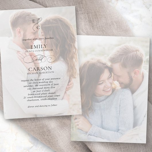 Elegante Trouw Vellum Overlay Foto's Monogram Kaart