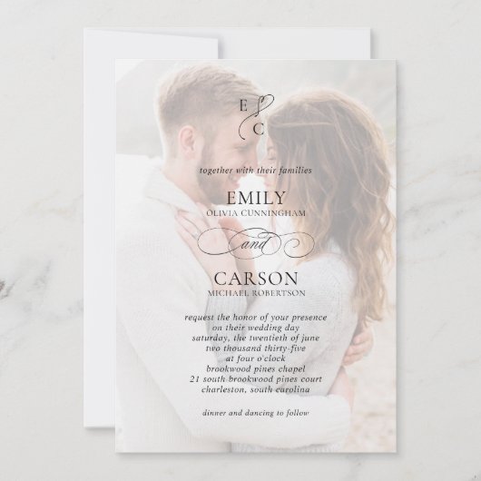 Elegante Trouw Vellum Overlay Foto's Monogram Kaart (Voorkant)