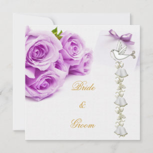 Elegante trouw witte paarse rozen duif belletjes kaart