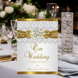 Elegante trouw witte parel gouden kant bloem kaart
