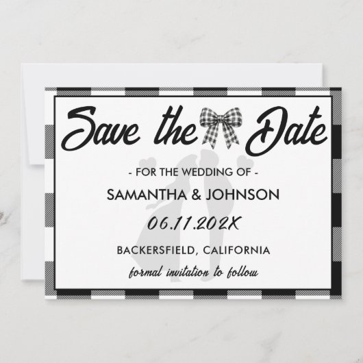 Elegante Trouw Zwart & Wit Gingham Strik Save The Date (Voorkant)