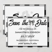 Elegante Trouw Zwart & Wit Gingham Strik Save The Date (Voorkant / Achterkant)