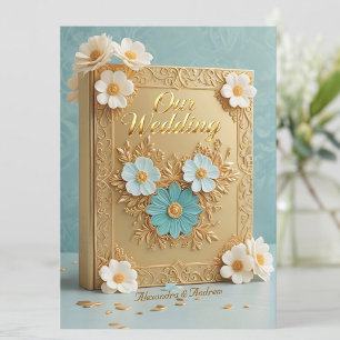 Elegante Trouwboek Blauw Wit Goud Bloemen Kaart