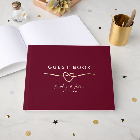 Elegante Trouwboek met Bourgondië en Goud Schrift Gastenboek (Voorkant open)