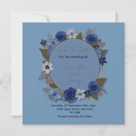 Elegante Trouwcirkel Bloemen Zilver Navy Save The Date (Voorkant)