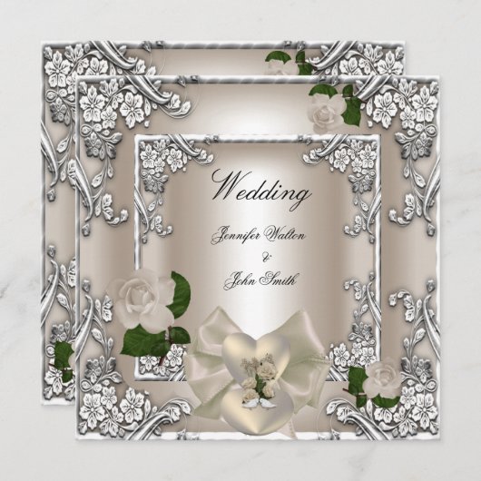 Elegante Trouwcrème Roos Zilver Kaart (Voorkant / Achterkant)