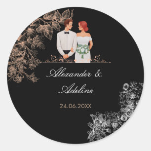 Elegante Trouwdag met Donkere Bloemen Ronde Sticker