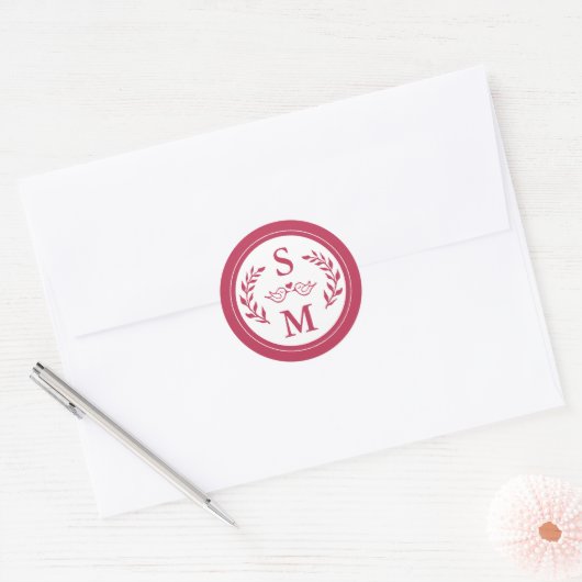 Elegante Trouwdag Moderne Monogram Magneta Rode Fa Ronde Sticker (Envelop)