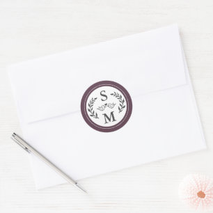 Elegante Trouwdag Moderne Monogram Paarse Pruim Ronde Sticker