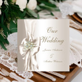 Elegante Trouwdamast Parel Crème Witte Strik Kaart