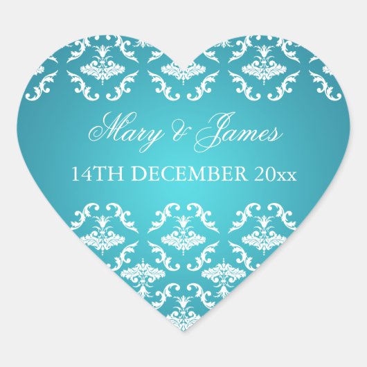 Elegante trouwdatum  Damask Blauw Hart Sticker (Voorkant)