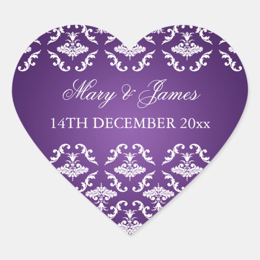 Elegante Trouwdatum  Damask Paarse Hart Sticker (Voorkant)