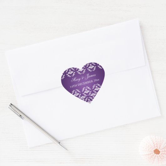 Elegante Trouwdatum  Damask Paarse Hart Sticker (Envelop)