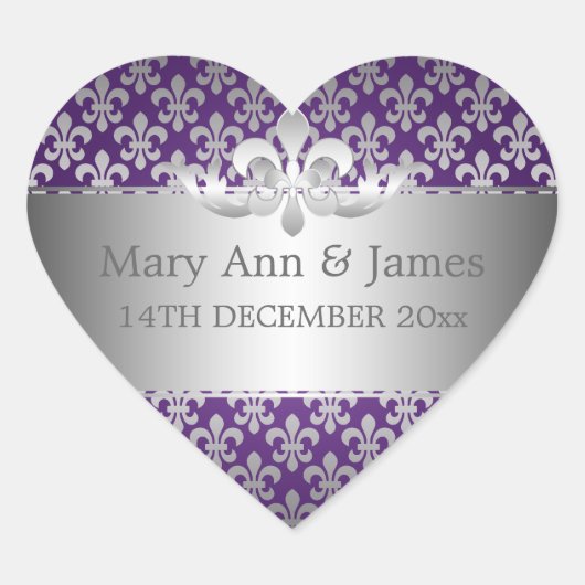 Elegante trouwdatum Fleur de Lis Paarse Hart Sticker (Voorkant)