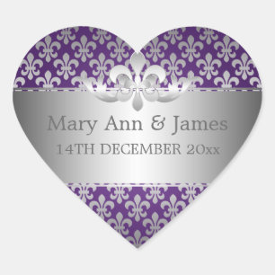 Elegante trouwdatum Fleur de Lis Paarse Hart Sticker