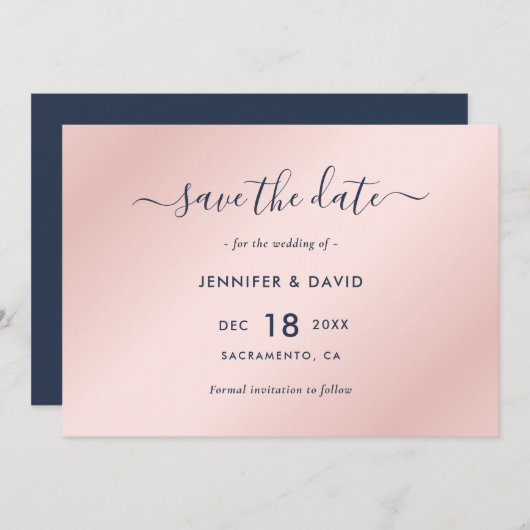 Elegante trouwdatum in Navy Blue en Blush Save The Date (Voorkant / Achterkant)