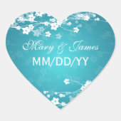 Elegante trouwdatum Kersenbloesem Blauw Hart Sticker (Voorkant)