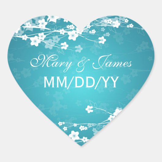 Elegante trouwdatum Kersenbloesem Blauw Hart Sticker (Voorkant)