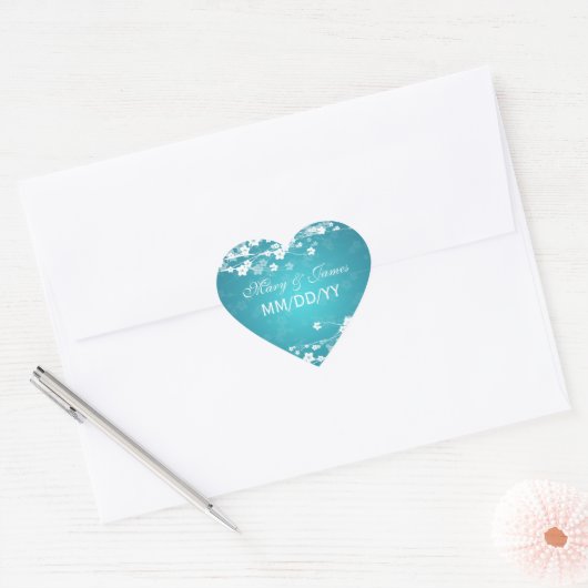 Elegante trouwdatum Kersenbloesem Blauw Hart Sticker (Envelop)