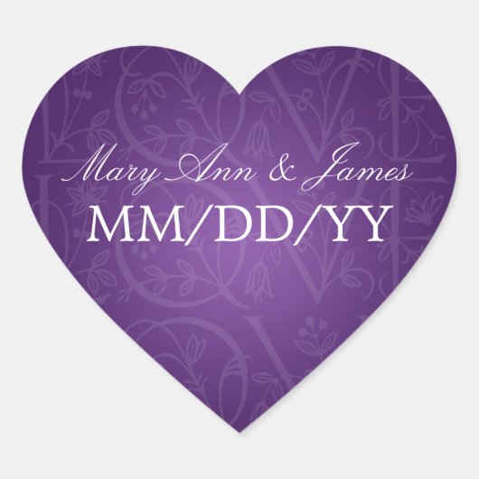 Elegante trouwdatum Liefde bloeien Paarse Hart Sticker (Voorkant)