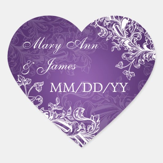 Elegante trouwdatum wervelt Paarse Hart Sticker (Voorkant)