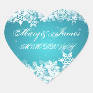 Elegante trouwdatum Winter Sneeuwvlokken Blauw Hart Sticker