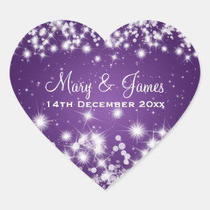 Elegante trouwdatum Winter Sparkle Paarse hart Sticker