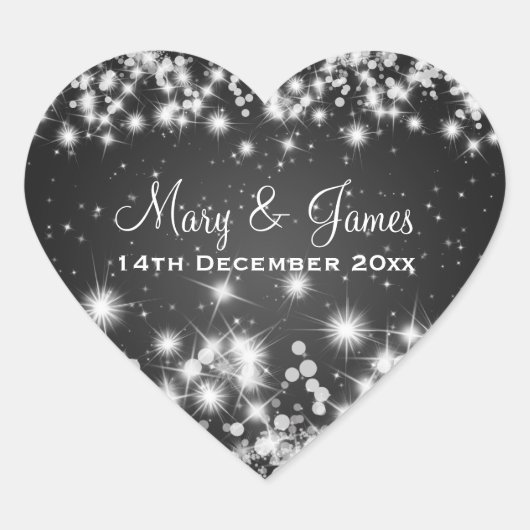 Elegante trouwdatum Winter Sparkle Zwart Hart Hart Sticker (Voorkant)