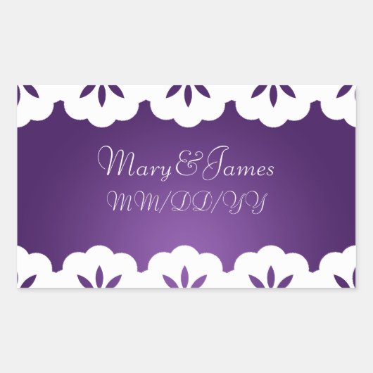 Elegante trouwdatum wit kant Paarse Rechthoekige Sticker (Voorkant)
