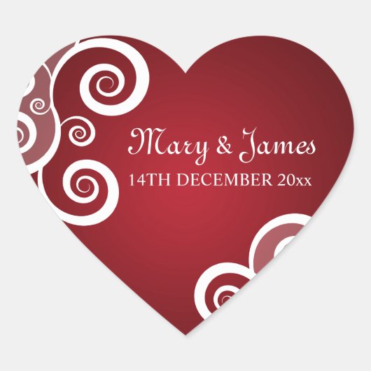 Elegante trouwdatum wit wervelt rood hart sticker (Voorkant)
