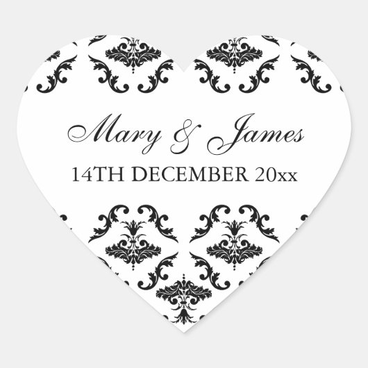 Elegante trouwdatum zwart damast hart sticker (Voorkant)