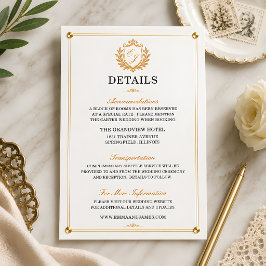Elegante Trouwdetails Bijkaart met Gouden Crest Informatiekaartje