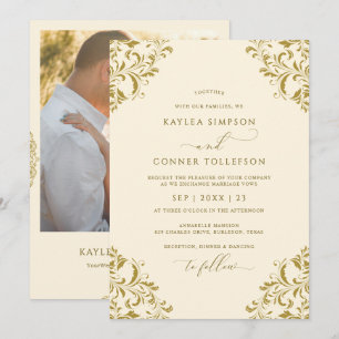 Elegante trouwfoto in vintage goud en crème kaart