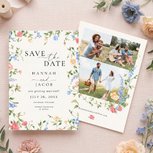 Elegante Trouwfoto met Drie Wilde Bloemen Save The Date