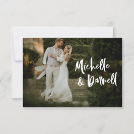 Elegante trouwfoto met liefdeshart script bedankkaart