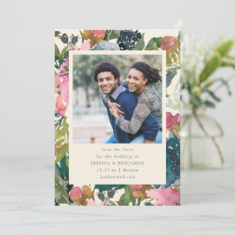 Elegante Trouwfoto met Waterverf Bloemen in Vette  Save The Date