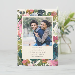 Elegante Trouwfoto met Waterverf Bloemen in Vette Save The Date