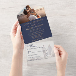 Elegante trouwfoto's in Navyblauw en Goud All In One Uitnodiging