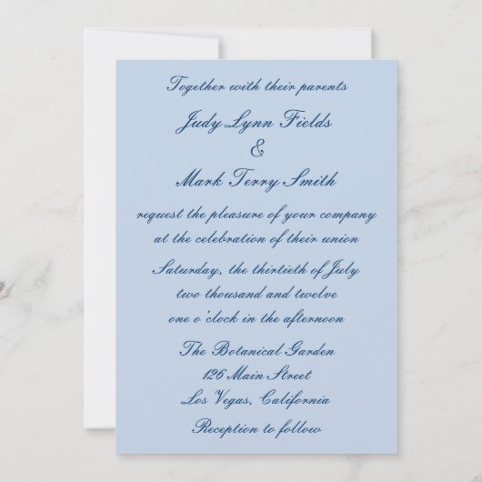 Elegante Trouwjurk Blauwe Bruiloft Uitnodiging (Achterkant)