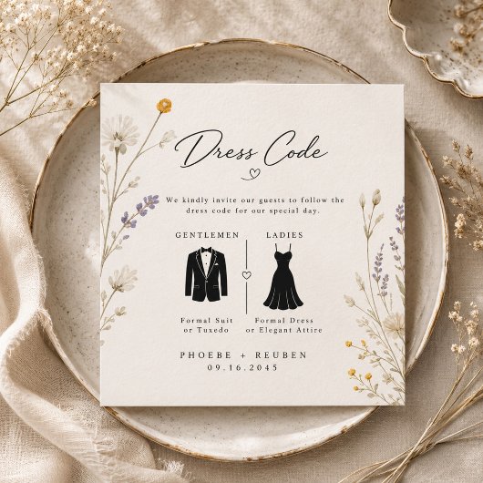 Elegante Trouwjurk Code met Wilde Bloemen Informatiekaartje