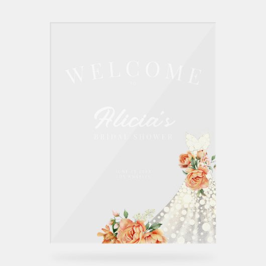 Elegante trouwjurk met bloemen welkom bruidsfeest acryl bord (Voorkant)