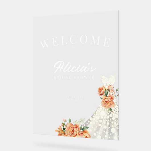 Elegante trouwjurk met bloemen welkom bruidsfeest acryl bord (Hoek)