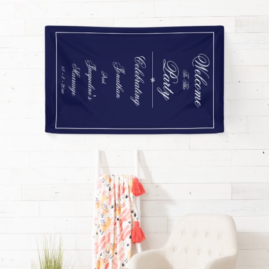 Elegante Trouwkaart Aangepaste Namen Navy Blauwe W Spandoek (Insitu)